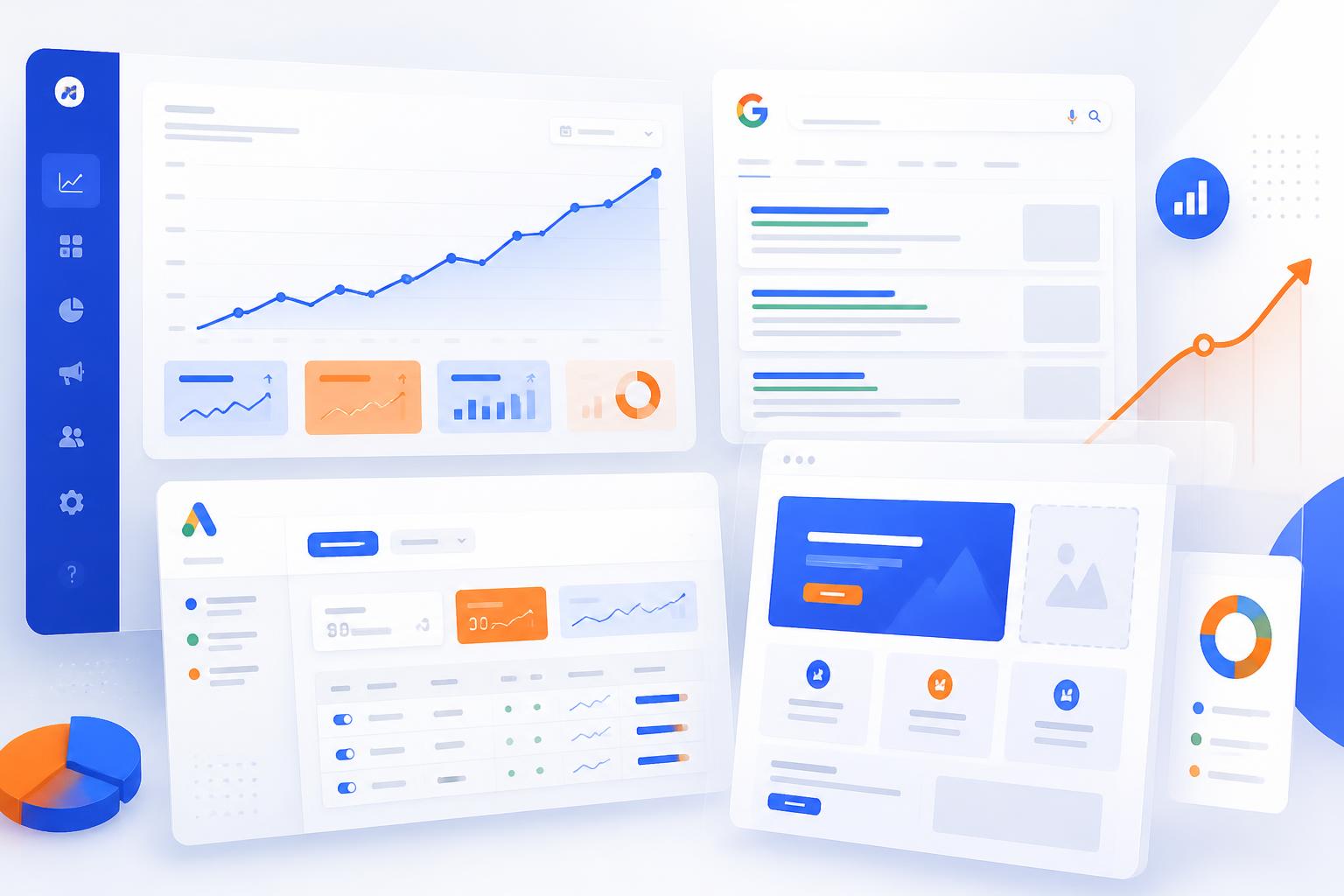 Digital marketing dashboard showing analytics charts, search results and campaign panels